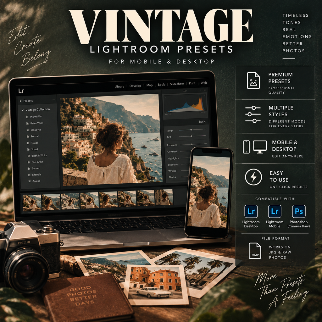 Promotional graphic for 'Vintage Lightroom Presets' showing a laptop and smartphone displaying a retro-filtered photo of a woman by the sea, with vintage props including a camera, notebook, and printed photos on a dark textured background. Text highlights features like timeless tones, multiple styles, and compatibility with Lightroom and Photoshop.