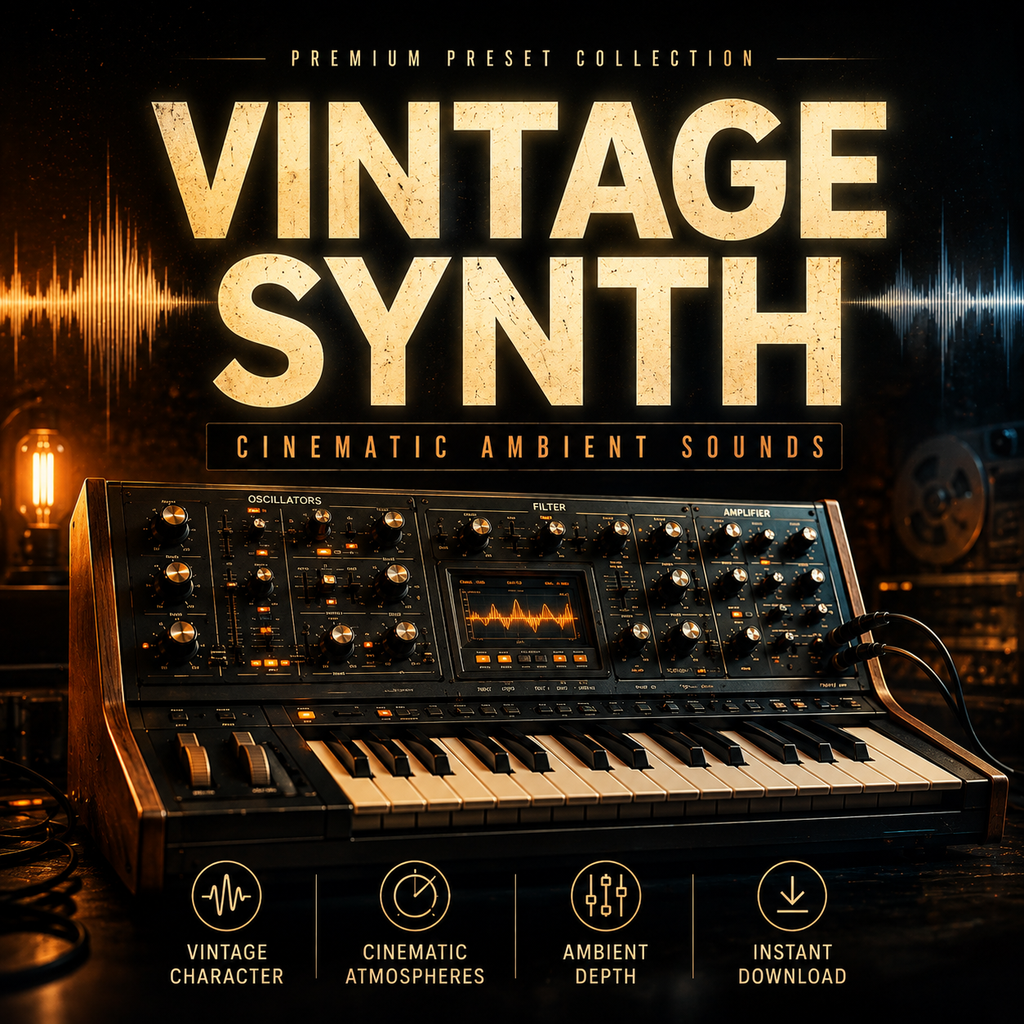 Promotional cover art for a preset collection titled 'VINTAGE SYNTH' with the subtitle 'CINEMATIC AMBIENT SOUNDS.' The design shows a vintage synthesizer keyboard in warm amber lighting, with large distressed gold title text and feature icons along the bottom: 'Vintage Character,' 'Cinematic Atmospheres,' 'Ambient Depth,' and 'Instant Download.