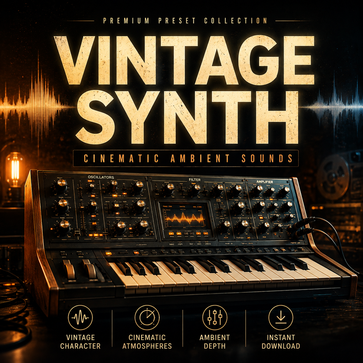 Promotional cover art for a preset collection titled 'VINTAGE SYNTH' with the subtitle 'CINEMATIC AMBIENT SOUNDS.' The design shows a vintage synthesizer keyboard in warm amber lighting, with large distressed gold title text and feature icons along the bottom: 'Vintage Character,' 'Cinematic Atmospheres,' 'Ambient Depth,' and 'Instant Download.