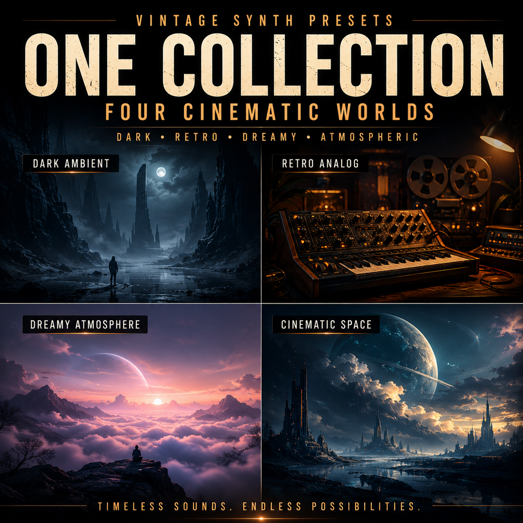 Promotional graphic for a preset pack titled 'One Collection: Four Cinematic Worlds' by Vintage Synth, showing four fantasy/sci-fi scene panels labeled Dark Ambient, Retro Analog, Dreamy Atmosphere, and Cinematic Space.