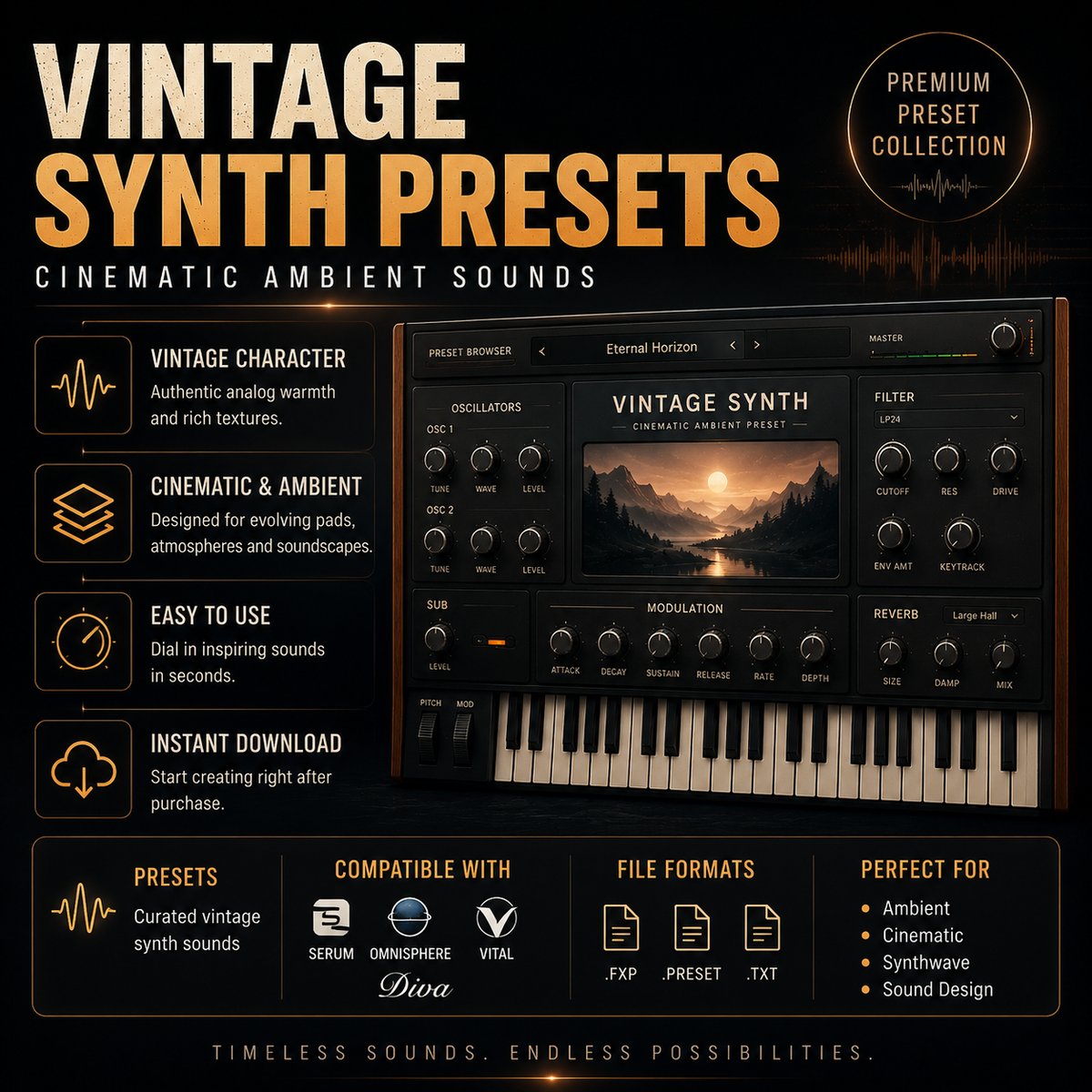 Promotional graphic for 'Vintage Synth Presets' showing a digital synthesizer interface with a piano keyboard, surrounded by feature callouts and compatibility text. The design uses a dark gray and black color scheme with orange and white typography.