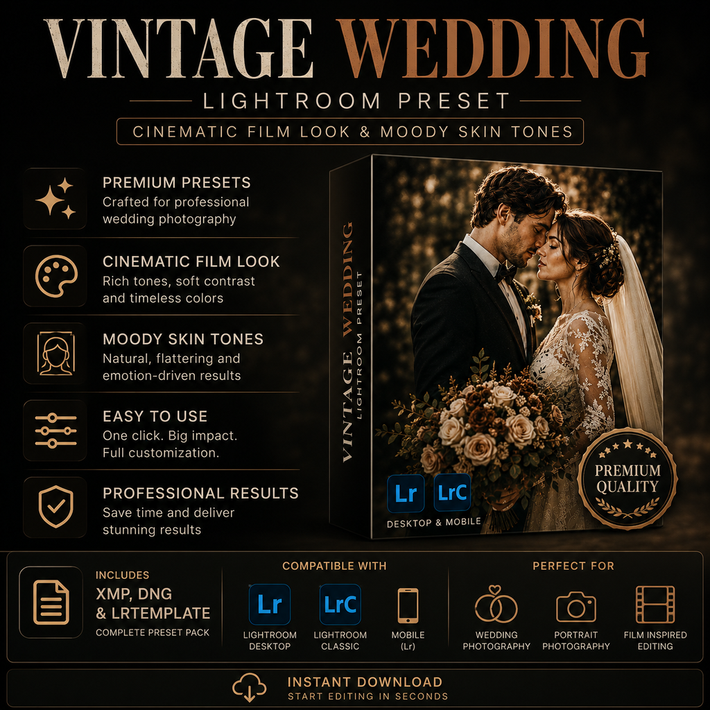 Promotional graphic for a 'Vintage Wedding Lightroom Preset' digital product, showing a dark cinematic theme with a mockup of a vintage wedding photograph, compatibility badges for Lightroom Desktop and Mobile, and feature icons on a black background.