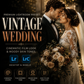 Promotional graphic for a Lightroom preset pack titled 'Vintage Wedding,' showing a bride and groom embracing in a warm, sepia-toned wedding scene. Large text reads 'PREMIUM LIGHTROOM PRESET VINTAGE WEDDING' with smaller copy about cinematic film look and moody skin tones.