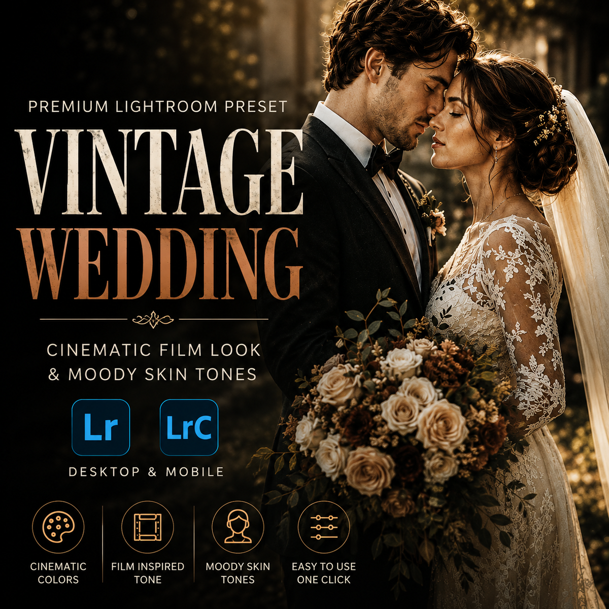 Promotional graphic for a Lightroom preset pack titled 'Vintage Wedding,' showing a bride and groom embracing in a warm, sepia-toned wedding scene. Large text reads 'PREMIUM LIGHTROOM PRESET VINTAGE WEDDING' with smaller copy about cinematic film look and moody skin tones.