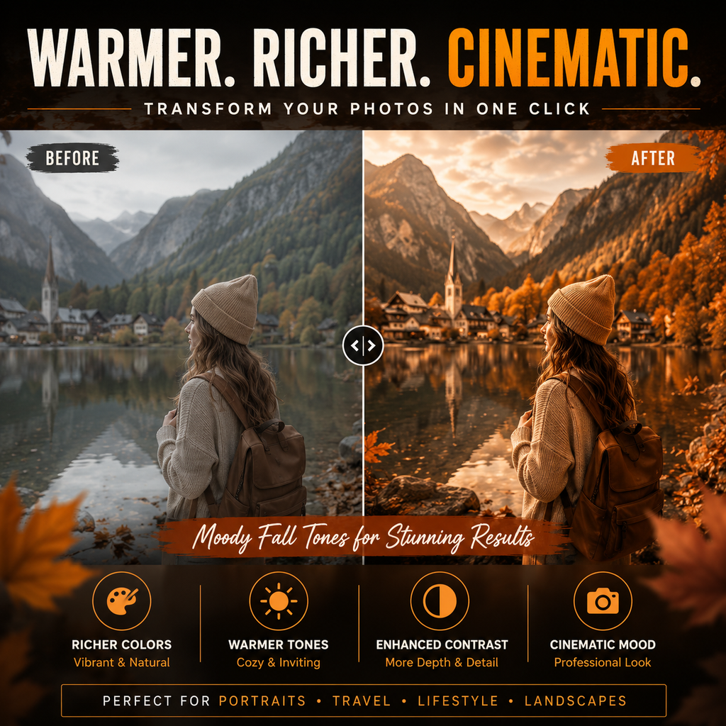 A promotional graphic for a photo editing app showing a side-by-side 'Before' and 'After' comparison of a woman standing by a mountain lake in autumn. The left side has muted, natural tones, while the right side has warm, cinematic, golden-orange tones.
