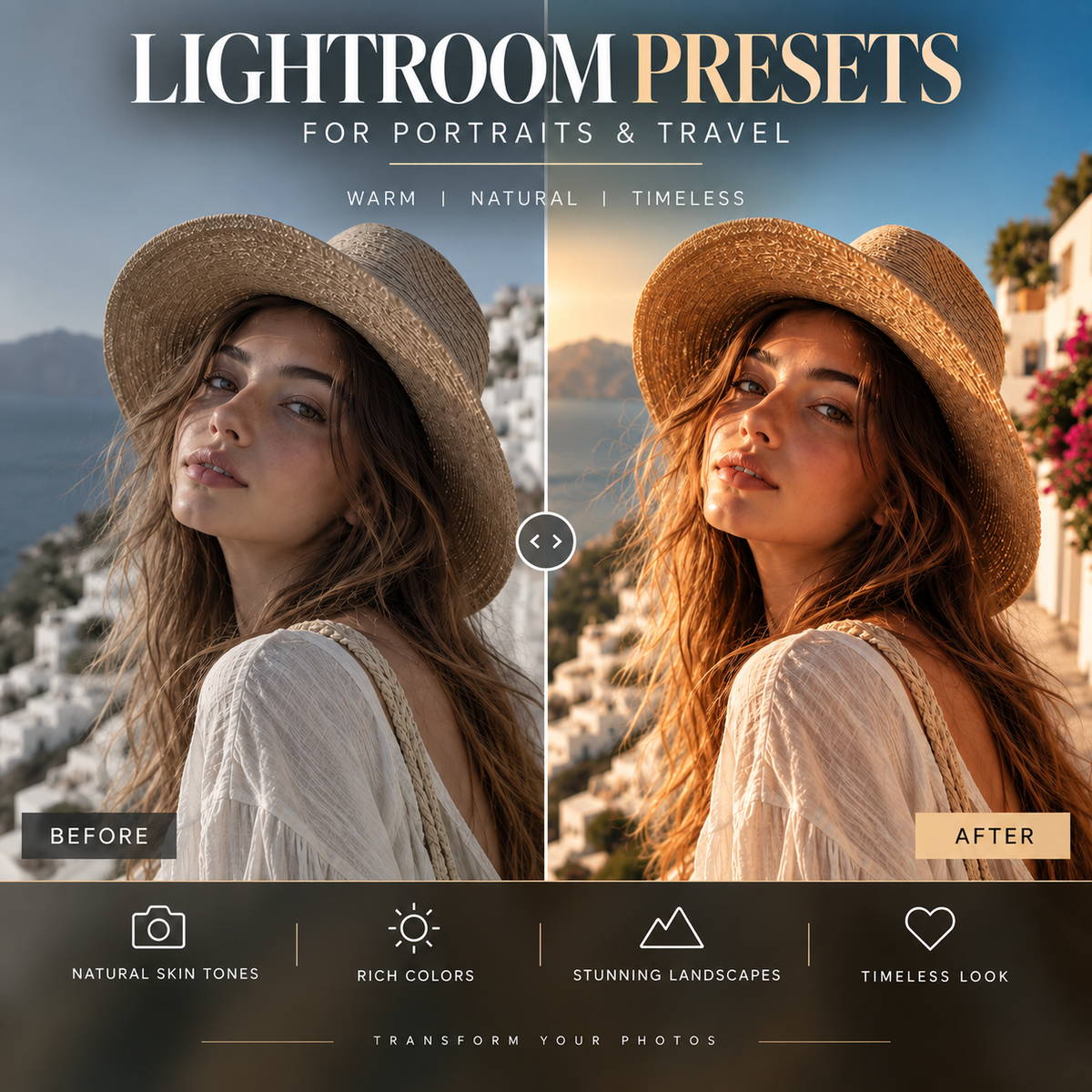 Promotional graphic for Lightroom presets showing a side-by-side portrait comparison labeled BEFORE and AFTER, with warm natural tones and text reading 'FOR PORTRAITS & TRAVEL' and 'WARM | NATURAL | TIMELESS'.