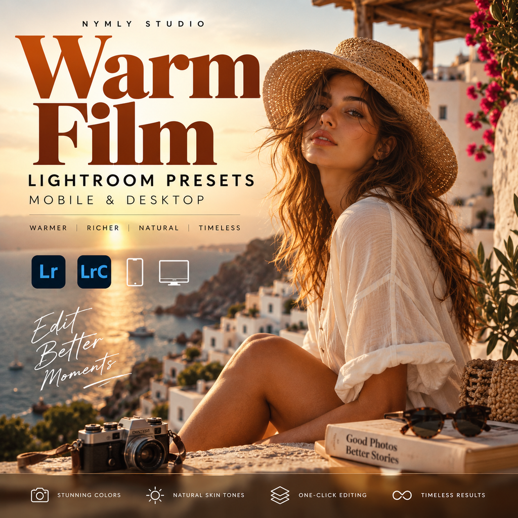 Promotional graphic for 'Warm Film Lightroom Presets' by NYMLY STUDIO, showing a woman in a straw hat sitting by a sunny coastal cliffside with a camera and book. Large text reads 'Warm Film' and 'Lightroom Presets Mobile & Desktop' with Lightroom and iOS app icons.