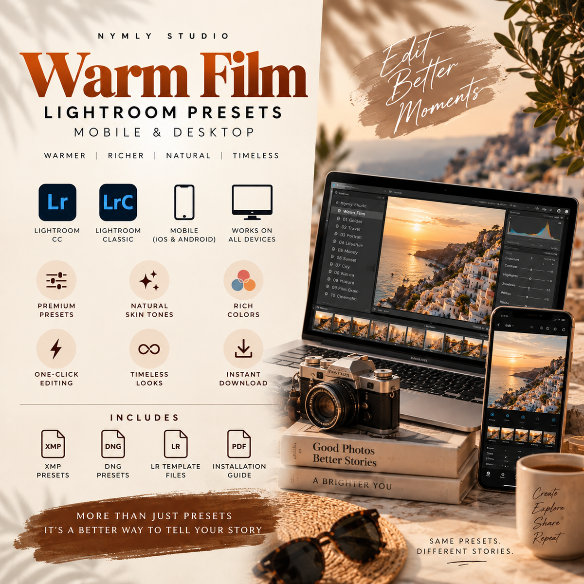 Promotional graphic for 'Warm Film Lightroom Presets' by Nymly Studio, showing a laptop and phone displaying edited warm-toned photos, alongside a camera, books, and a mug in a styled warm scene. Text highlights compatibility with Lightroom CC and mobile/desktop use, and lists included file types.