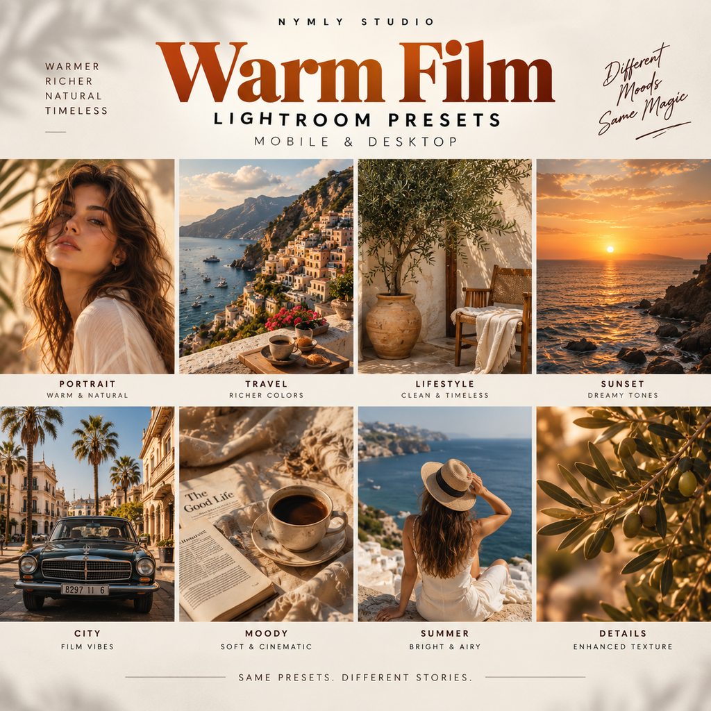 Promotional graphic for 'Warm Film Lightroom Presets' by Nymly Studio, showing eight warm-toned lifestyle and travel photo examples with text labels such as Portrait, Travel, Lifestyle, and Sunset, plus the tagline 'Different Presets. Same Magic.