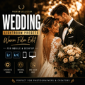 Promotional graphic for Wedding Lightroom Presets Warm Film Edit, showing a bride and groom embracing in warm golden-hour light, with text overlays and feature icons for cinematic tones, natural skin, and one-click edit.