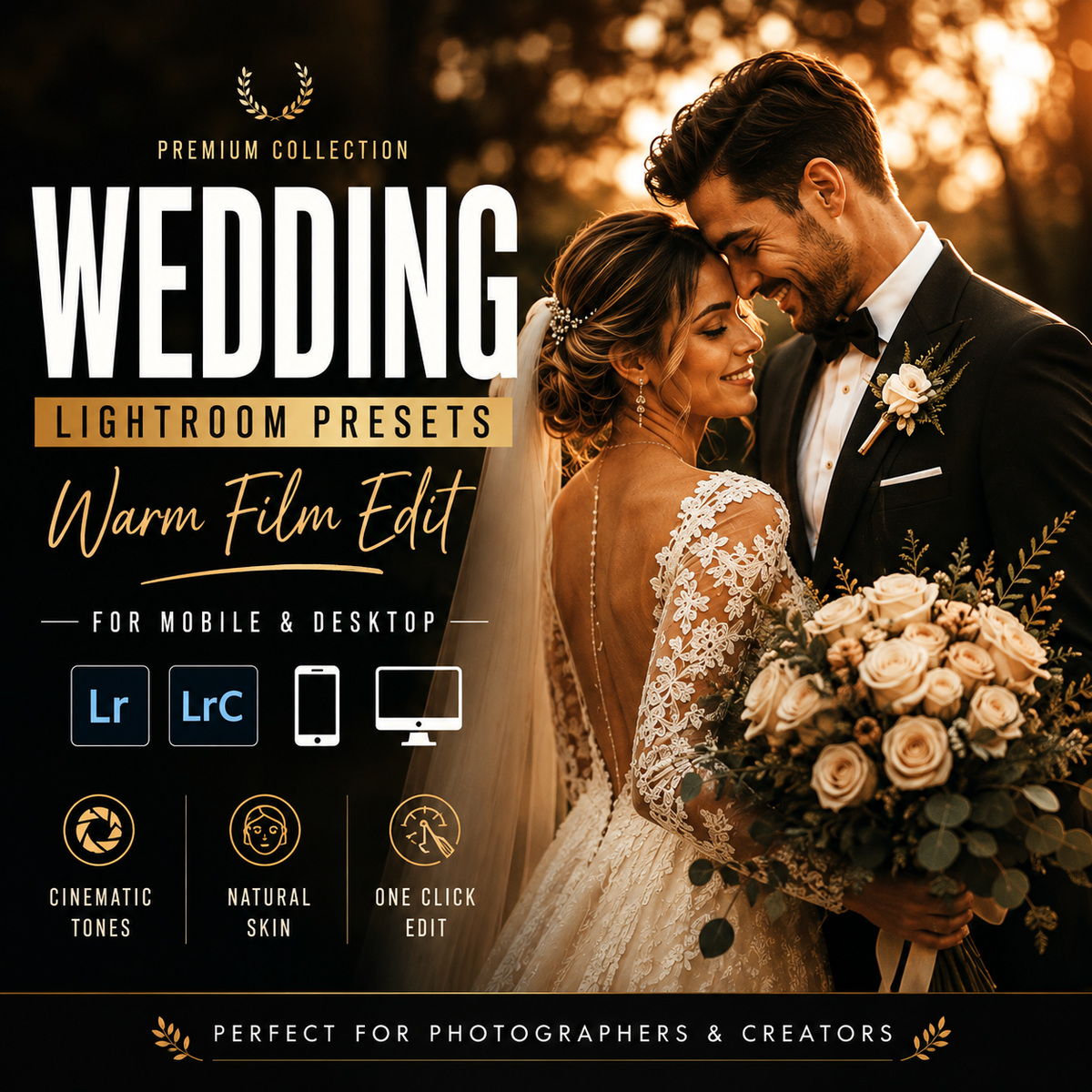 Promotional graphic for Wedding Lightroom Presets Warm Film Edit, showing a bride and groom embracing in warm golden-hour light, with text overlays and feature icons for cinematic tones, natural skin, and one-click edit.