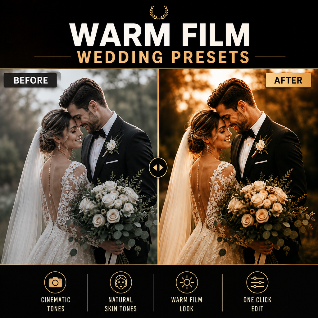 Promotional graphic for 'Warm Film Wedding Presets' showing a side-by-side 'Before' and 'After' comparison of a bride and groom in warm golden-hour lighting, with feature icons at the bottom on a black background.