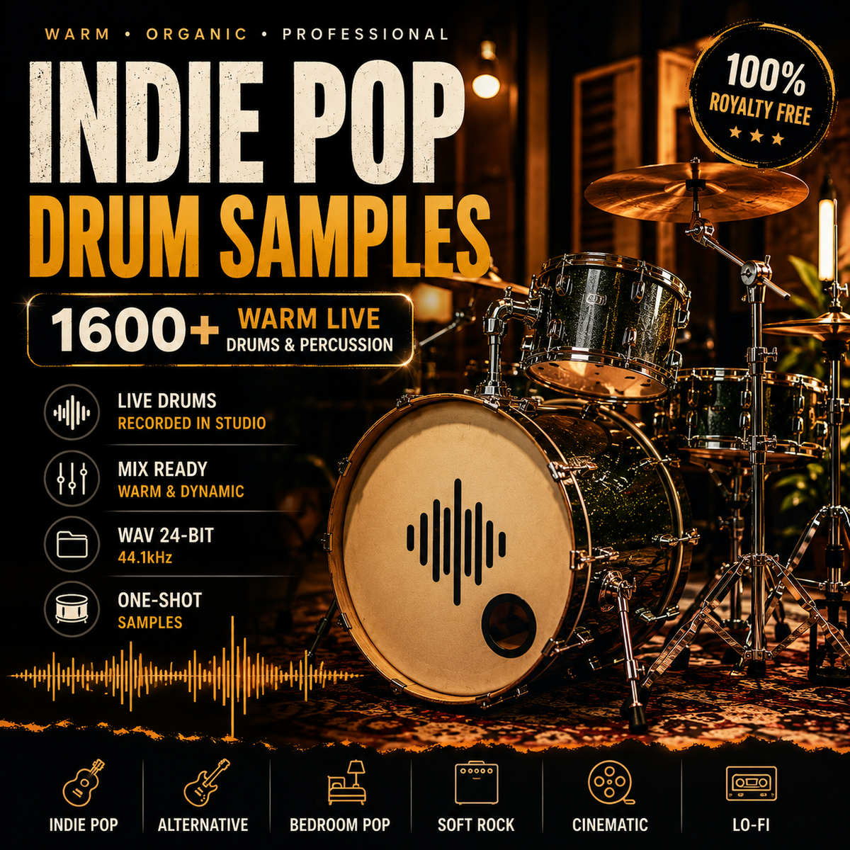 Promotional cover art for a digital audio sample pack titled 'INDIE POP DRUM SAMPLES' with large orange and white typography over a warm studio scene featuring a drum kit. The design includes callouts such as '1600+ WARM LIVE DRUMS & PERCUSSION,' '100% ROYALTY FREE,' and feature icons for live drums, mix ready, WAV 24-BIT, and one-shot samples.