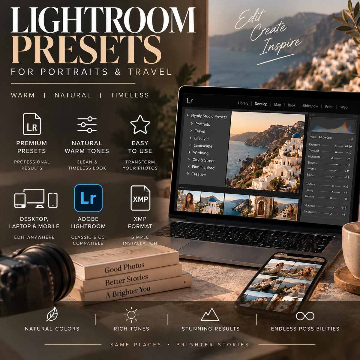Promotional graphic for Lightroom presets showing a laptop, phone, and stacked books with warm travel photography, overlaid with text such as 'Lightroom Presets for Portraits & Travel' and feature icons. No person is present, but this is not a clean isolated product shot; it is a designed marketing composite, so subject_type fits Other rather than Product/Packaging.