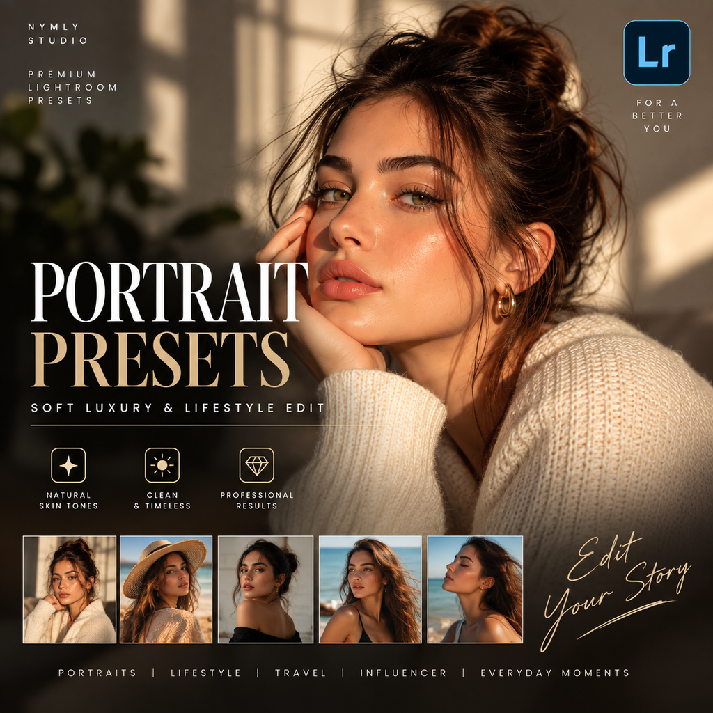 Promotional graphic for 'Portrait Presets' by HMYLY STUDIO, showing a woman in a cream knit sweater with warm sunlight and shadows. Text reads 'PORTRAIT PRESETS' and 'SOFT LUXURY & LIFESTYLE EDIT,' with small before/after style portrait thumbnails along the bottom and an Adobe Lightroom 'Lr' logo in the top right.