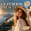 Promotional graphic for Lightroom presets featuring a woman in a straw hat against a coastal Santorini background, with large text reading 'Professional Lightroom Presets for Portraits & Travel' and app compatibility icons.