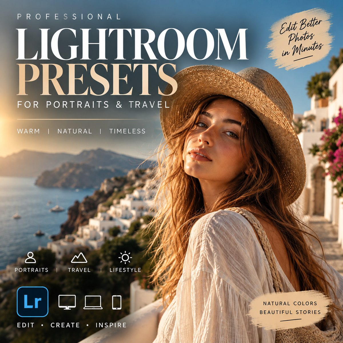 Promotional graphic for Lightroom presets featuring a woman in a straw hat against a coastal Santorini background, with large text reading 'Professional Lightroom Presets for Portraits & Travel' and app compatibility icons.