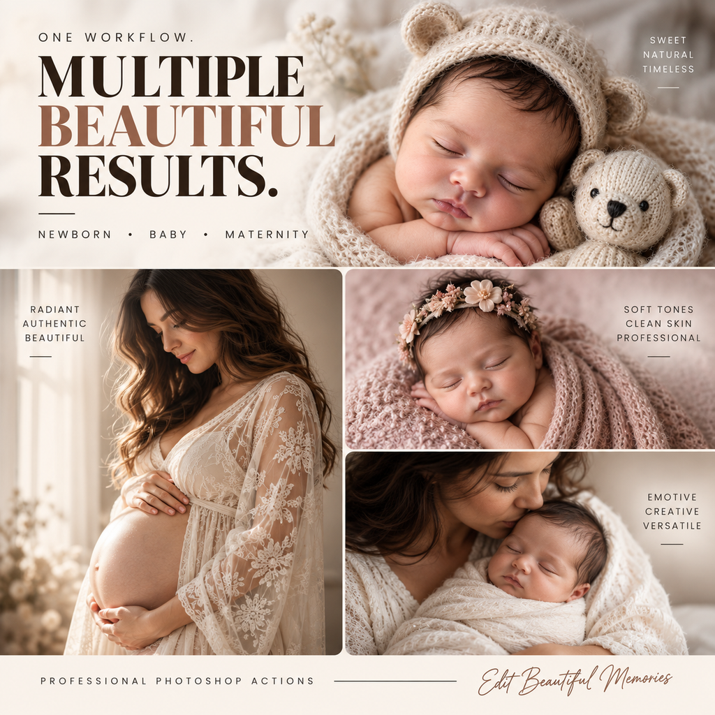 Newborn Photoshop Actions showing varied editing styles for baby, newborn, and maternity photography