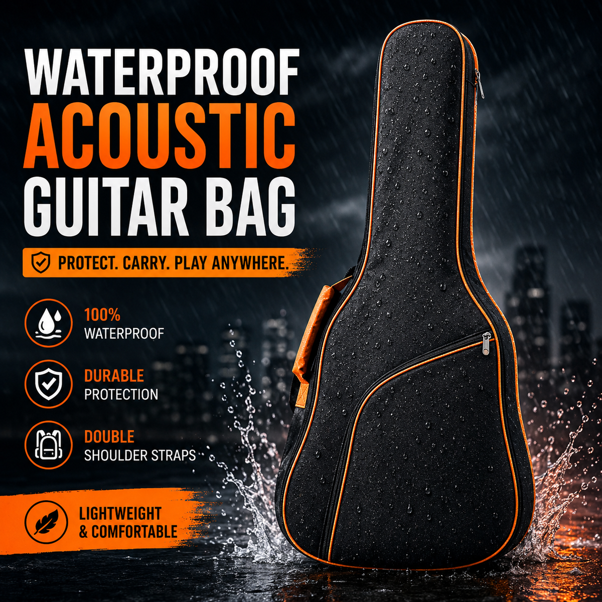 Black acoustic guitar bag with orange trim standing in rain, with large promotional text on the left reading 'WATERPROOF ACOUSTIC GUITAR BAG' and feature callouts including 100% waterproof, durable protection, double shoulder straps, and lightweight comfort.