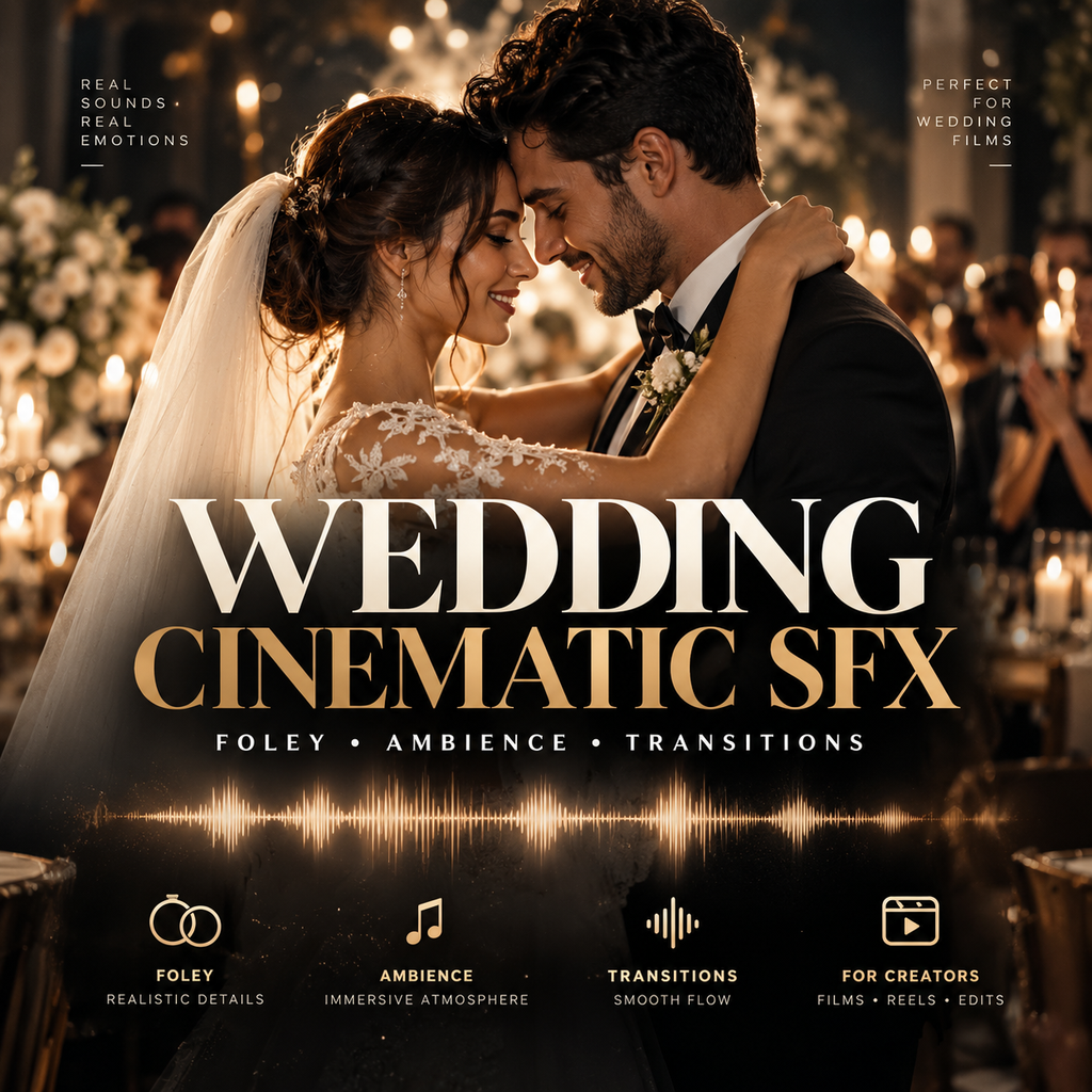 Promotional cover art for a digital audio pack titled 'WEDDING CINEMATIC SFX' featuring a bride and groom embracing under warm candlelight. Large gold and white title text overlays the center, with smaller text reading 'Foley • Ambience • Transitions' and feature icons along the bottom.