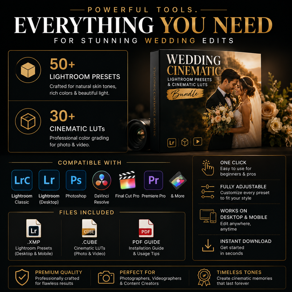 Promotional graphic for a digital wedding editing bundle titled 'Everything You Need for Stunning Wedding Edits'. The design features a dark theme with gold and white typography, showcasing a mockup of a 'Wedding Cinematography Bundle' software box.