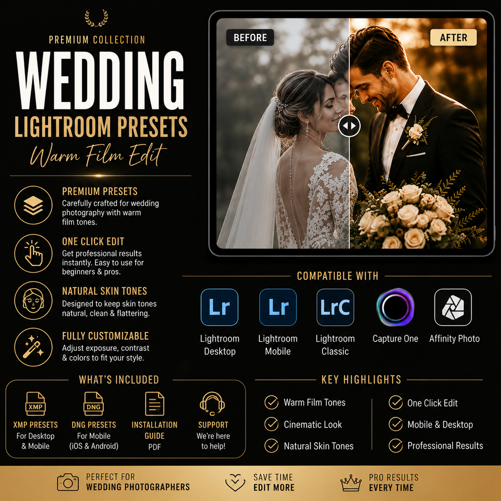 Promotional graphic for Wedding Lightroom Presets, showing a before-and-after photo of a bride and groom with warm skin tones, surrounded by feature icons and compatibility badges for Lightroom, Lightroom Classic, Capture One, and Affinity Photo.