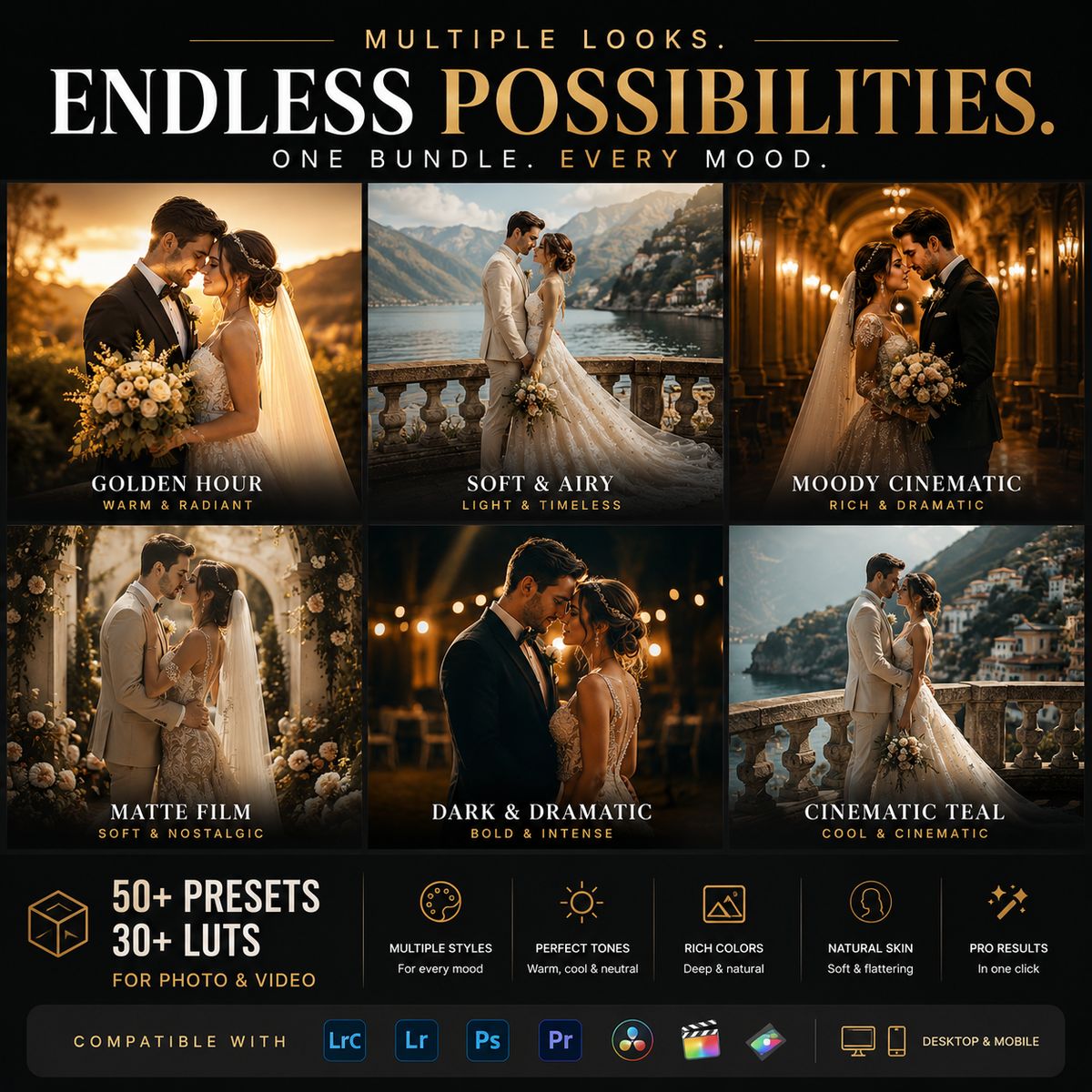 Promotional graphic for a photo editing preset bundle showing six wedding portrait style presets: Golden Hour, Soft & Airy, Moody Cinematic, Matte Film, Dark & Dramatic, and Cinematic Teal. Large text reads 'Multiple Looks.
