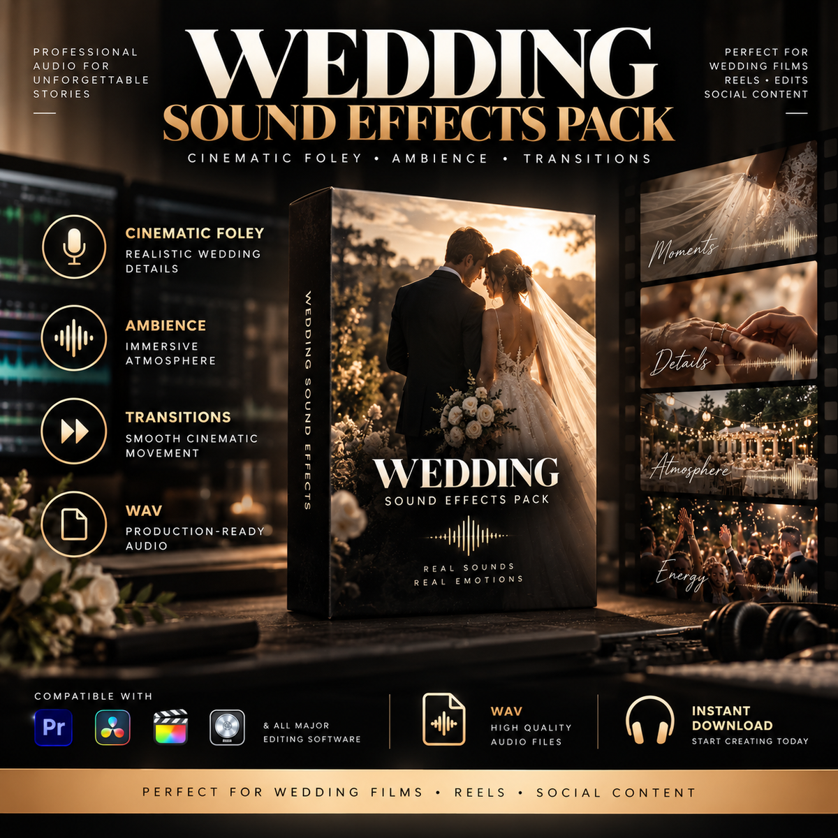 Promotional graphic for a 'Wedding Sound Effects Pack' showing a central album-style cover with a bride and groom embracing, surrounded by feature icons and text highlighting cinematic Foley, ambience, transitions, and WAV audio files. The design uses warm wedding tones with black, gold, and brown accents.