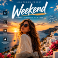 Promotional graphic for a Lightroom preset pack titled 'Weekend' with a cinematic sunset seascape photo of a woman in sunglasses overlooking a coastal town. Text includes 'Lightroom Presets,' 'Vibrant Cinematic Film Look,' 'Turn Moments Into Stories,' and feature icons for Lightroom, mobile, desktop, vibrant colors, and professional results.