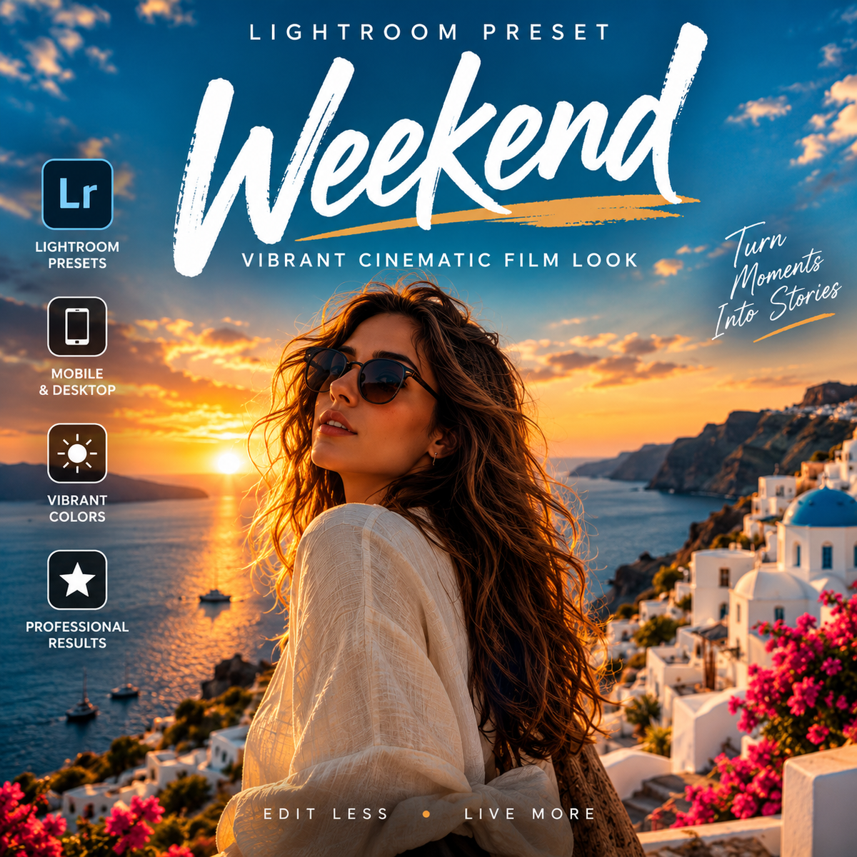 Promotional graphic for a Lightroom preset pack titled 'Weekend' with a cinematic sunset seascape photo of a woman in sunglasses overlooking a coastal town. Text includes 'Lightroom Presets,' 'Vibrant Cinematic Film Look,' 'Turn Moments Into Stories,' and feature icons for Lightroom, mobile, desktop, vibrant colors, and professional results.