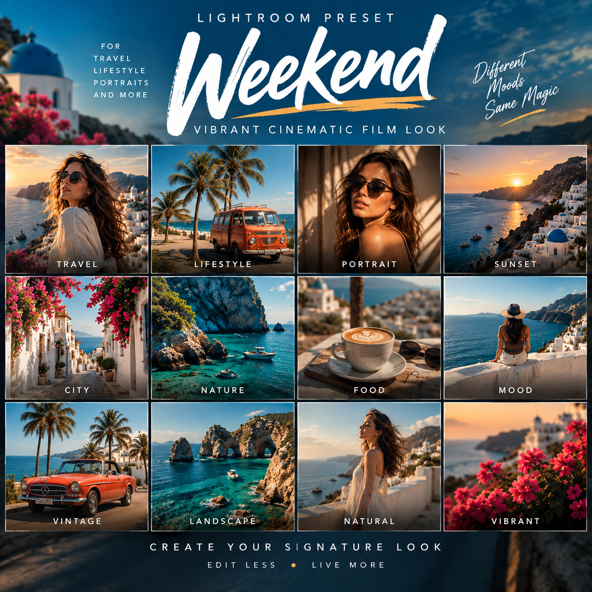 A promotional graphic for a Lightroom preset pack titled 'Weekend Vibrant Cinematic Film Look.' The design shows a grid of scenic and lifestyle photos with labels such as Travel, Lifestyle, Portrait, Sunset, City, Nature, Food, Mood, Vintage, Landscape, and Vibrant.