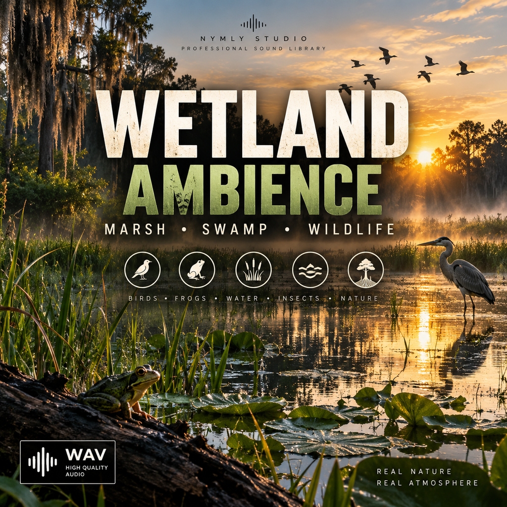 Cover art for a sound library pack titled 'WETLAND AMBIENCE' by Nyml Studio, featuring a scenic marsh landscape at sunrise with birds, a heron, lily pads, and large title text over the image.