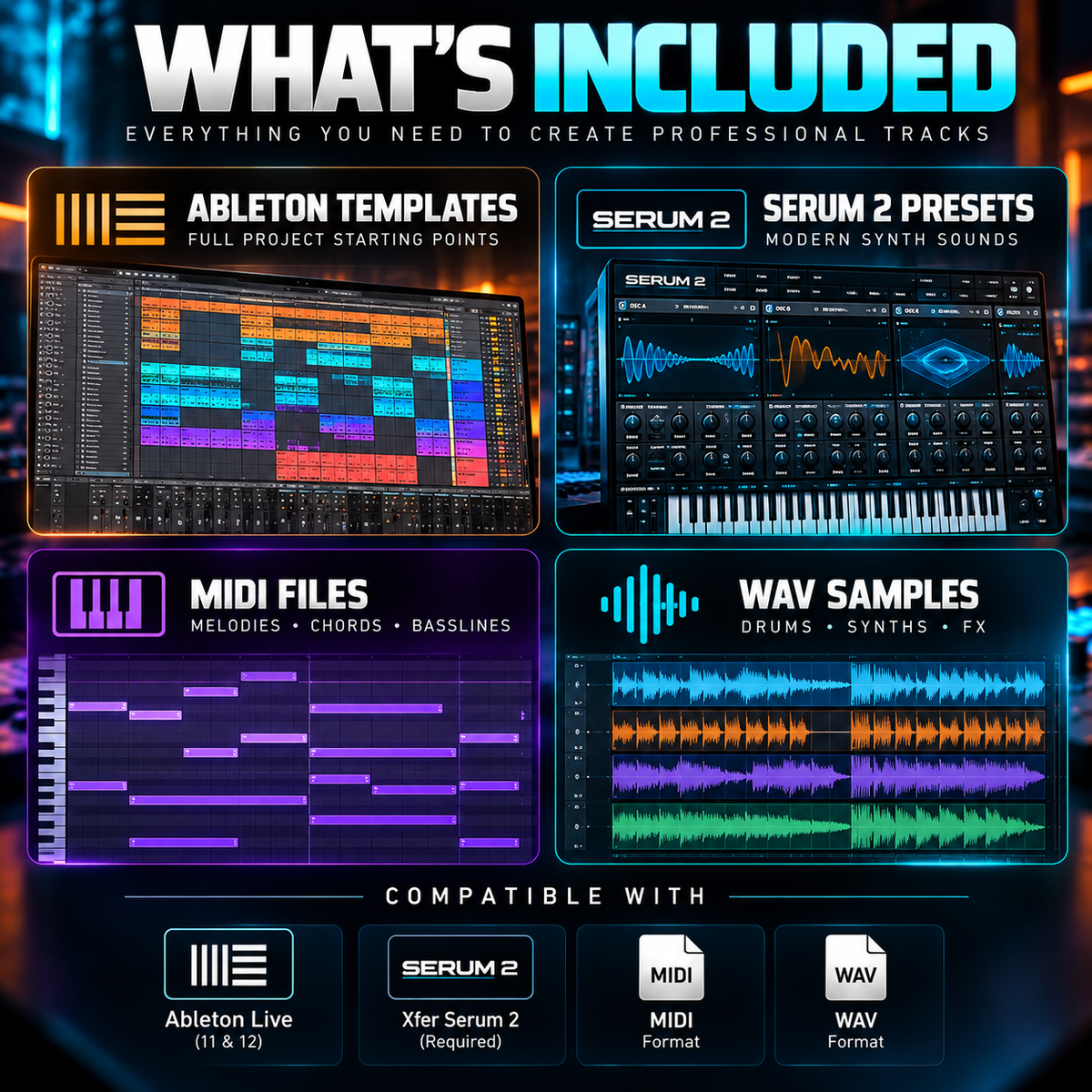 Promotional graphic for a digital music production bundle titled 'WHAT'S INCLUDED', showing four panels: Ableton Templates, Serum 2 Presets, MIDI Files, and Way Samples, with compatibility badges for Ableton Live, Serum 2, MIDI, and WAV formats.