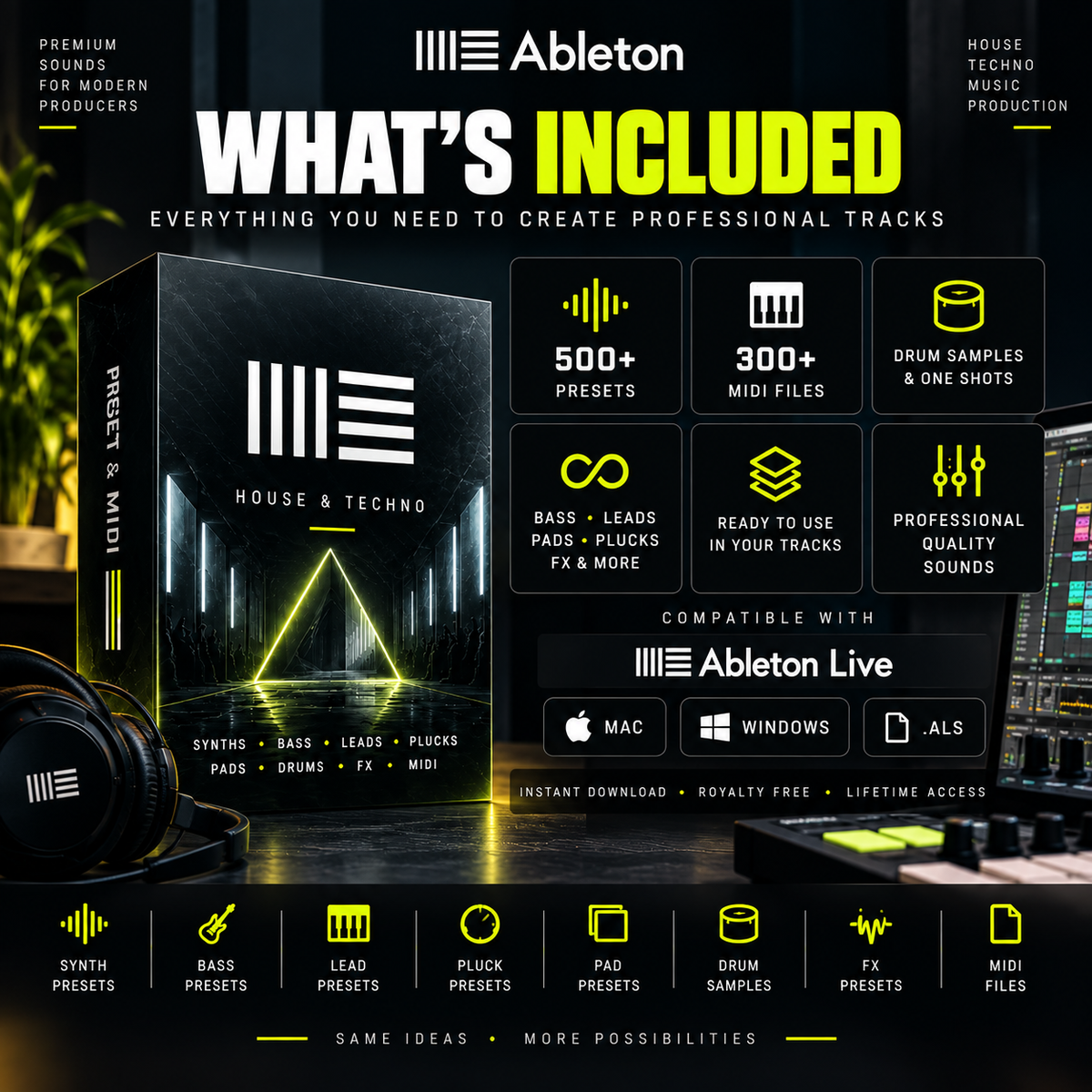 A promotional graphic for Ableton House & Techno presets, showing a software package cover, feature callouts, compatibility logos for Ableton Live, and device icons for Mac, Windows, and ALS. The layout is dark with bright yellow and white text and graphics.