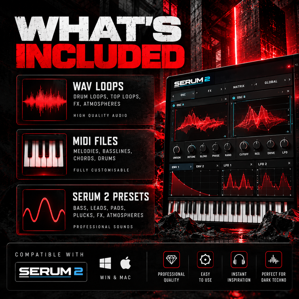 Dark Techno Sample Pack featuring WAV loops, MIDI files, Serum 2 presets, and music production compatibility details.