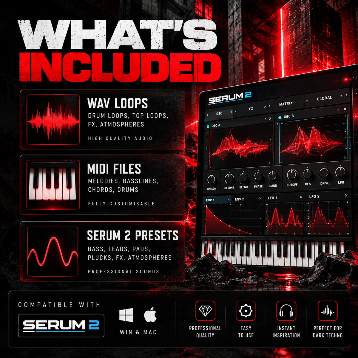 Dark Techno Sample Pack featuring WAV loops, MIDI files, Serum 2 presets, and music production compatibility details.