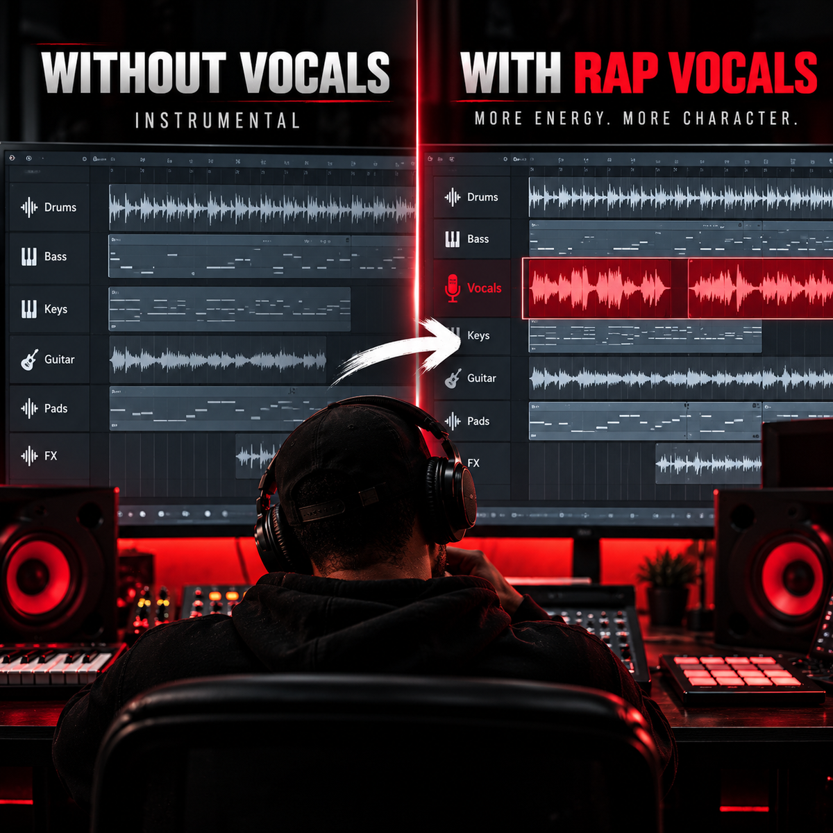 A promotional graphic for a music production software feature, showing a DJ or producer from behind sitting in front of a computer monitor with audio tracks. The left side is labeled 'WITHOUT VOCALS INSTRUMENTAL' and shows dark gray audio waveforms.