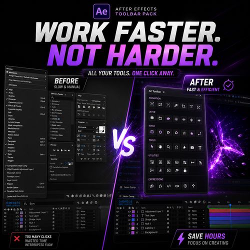 Promotional graphic for an After Effects toolbar pack, showing a split comparison between a cluttered 'Before' interface and a streamlined 'After' interface. Large text reads 'WORK FASTER.