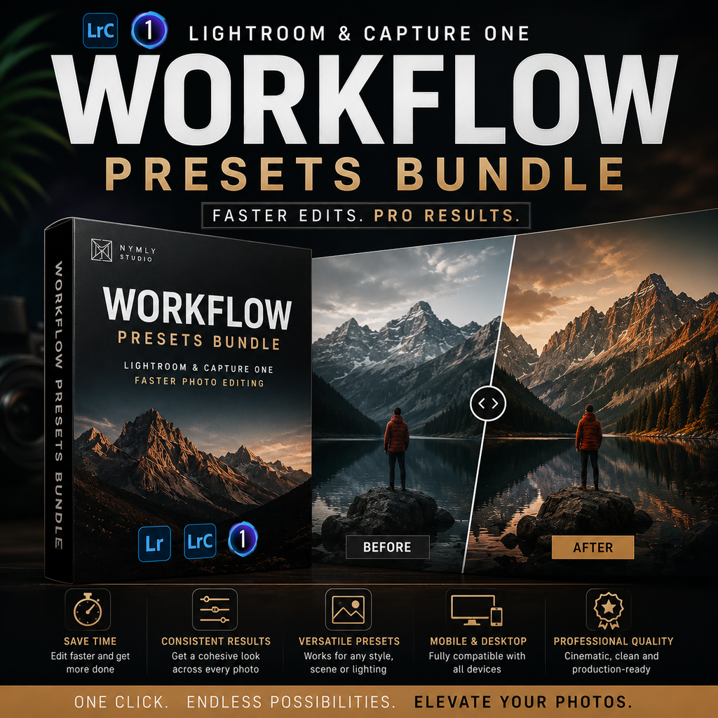 Promotional graphic for a Lightroom and Capture One Workflow Presets Bundle, showing a software box, the Lightroom and Capture One logos, a before/after landscape photo comparison, and feature callouts along the bottom.