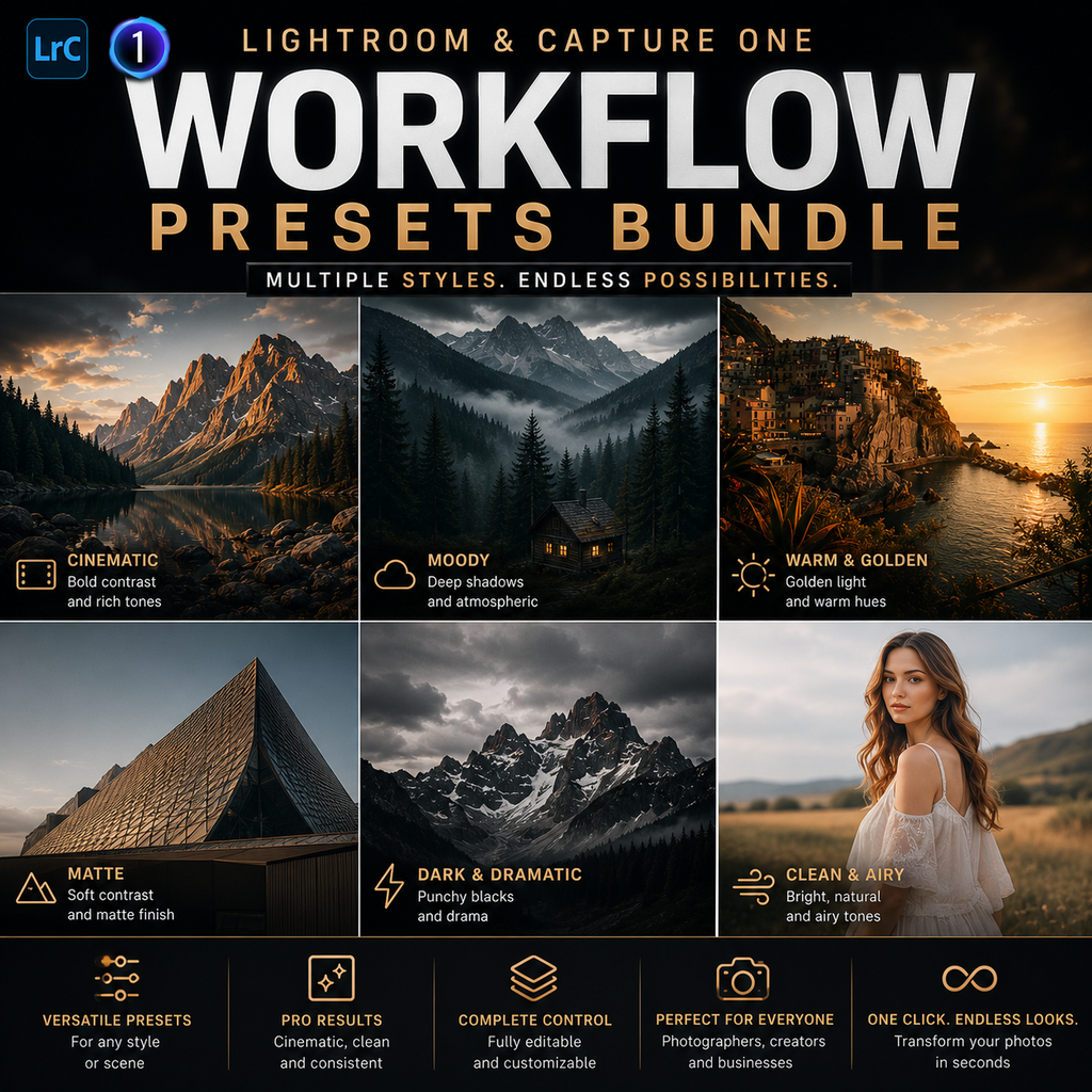 Promotional graphic for a Lightroom and Capture One Workflow Presets Bundle, showing six scenic photo examples with labeled style presets: Cinematic, Moody, Warm & Golden, Matte, Dark & Dramatic, and Clean & Airy. Large text reads 'WORKFLOW PRESETS BUNDLE' with smaller 'MULTIPLE STYLES.