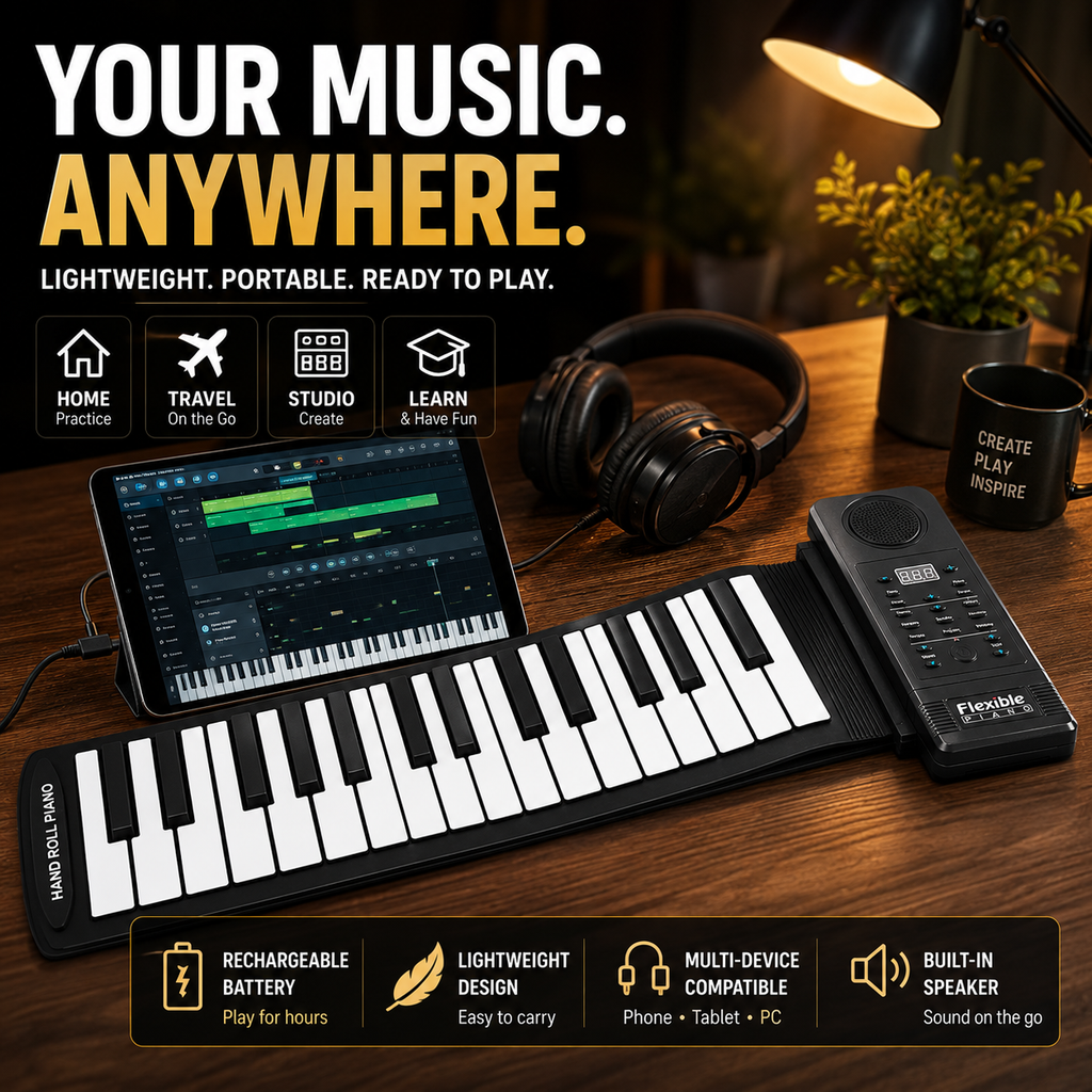 A portable music synthesizer keyboard with a matching remote control, shown on a wooden desk alongside a tablet displaying a music app, headphones, a lamp, a plant, and a mug. Large text at the top reads 'YOUR MUSIC.