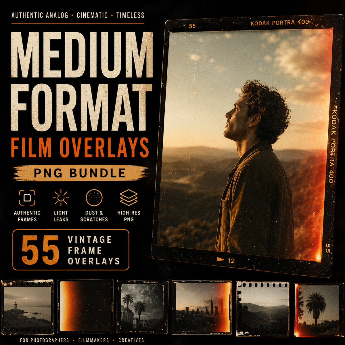 Promotional graphic for a digital product: a bundle of 55 vintage film format PNG overlays. The design features a large black film strip border on the right showing a warm sunset portrait of a man, with text on the left reading 'MEDIUM FORMAT FILM OVERLAYS PNG BUNDLE' and '55 VINTAGE FRAME OVERLAYS'.