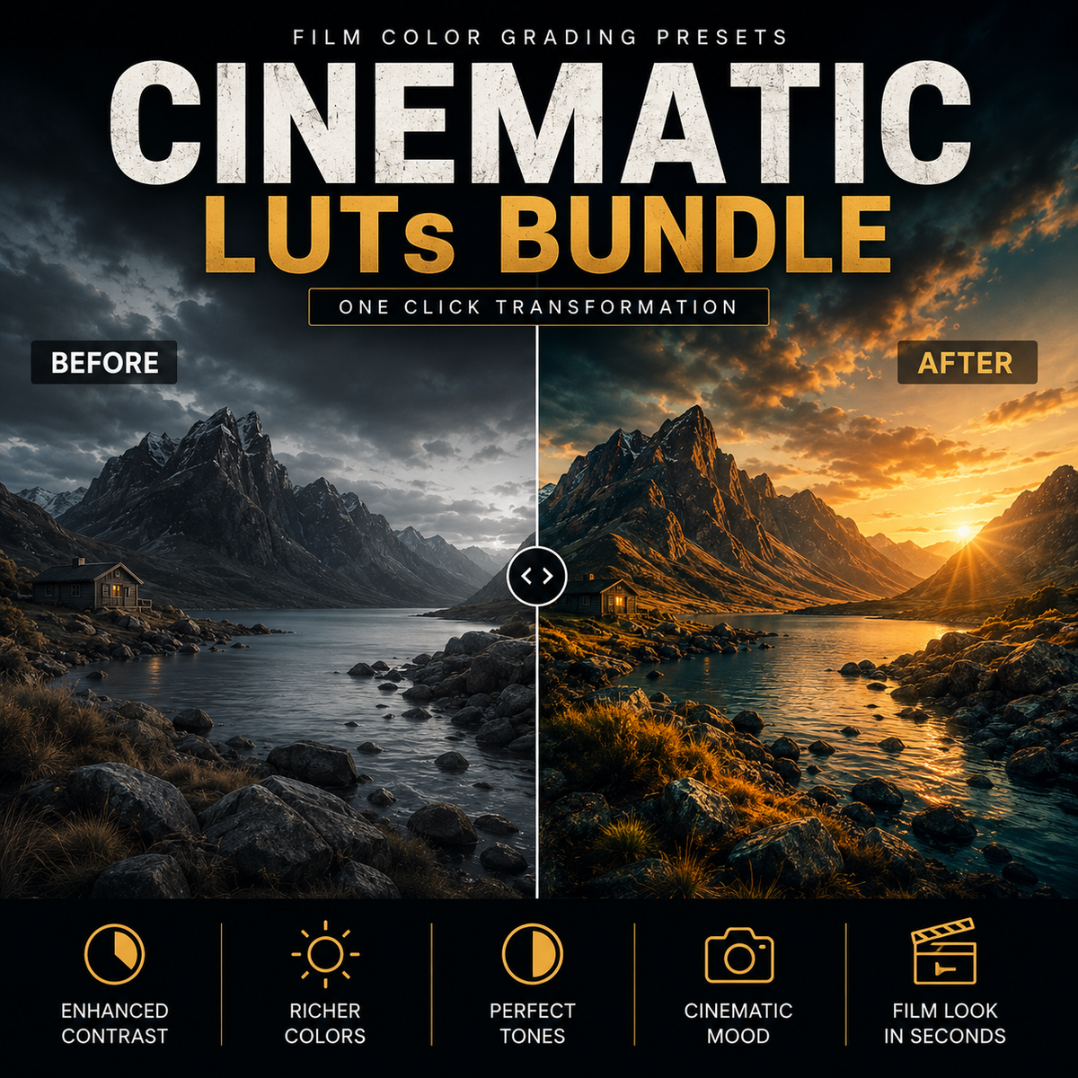 Promotional graphic for a 'Cinematic LUTs Bundle' showing a before-and-after landscape photo transformation. The left side is dark and moody, while the right side is warm and golden.
