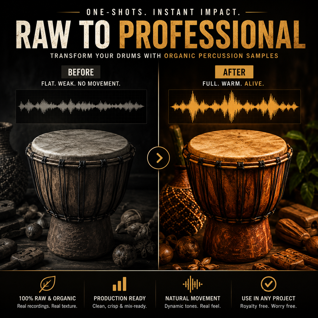 Promotional graphic for a drum sample pack showing a single drum in a split before/after layout. Large text reads 'RAW TO PROFESSIONAL' and 'Transform your drums with organic percussion samples.
