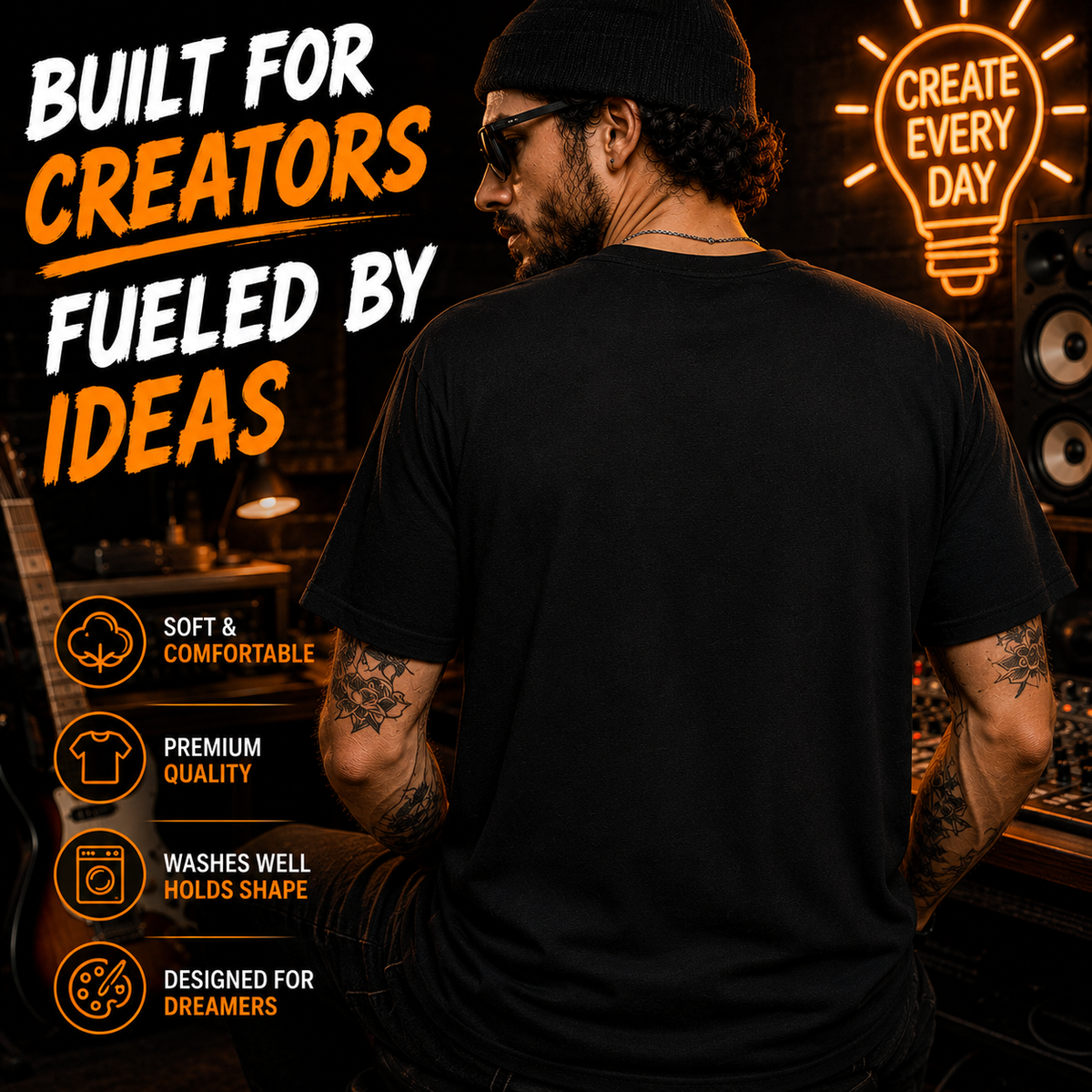 A man wearing a black t-shirt is shown from the back in a dark studio setting with promotional text overlays on the left and a glowing lightbulb graphic on the right.