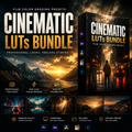 Promotional graphic for a cinematic LUTs bundle film color grading preset pack, showing a large software-style box cover on the right with the title 'CINEMATIC LUTs BUNDLE,' feature icons across the bottom, and compatibility logos including Adobe Premiere Pro and After Effects. The background is a dramatic mountain-and-lake landscape with golden sunset light.