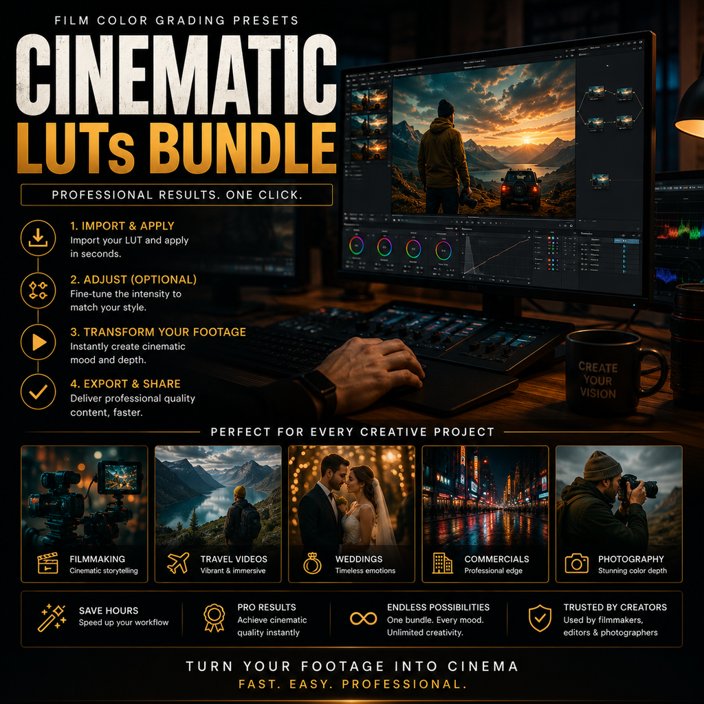 Promotional graphic for a cinematic LUTs bundle digital preset pack, featuring a dark UI mockup on a monitor, a coffee mug with the text 'CREATE YOUR VISION', and multiple benefit panels at the bottom for filmmaking, travel, weddings, and commercials.