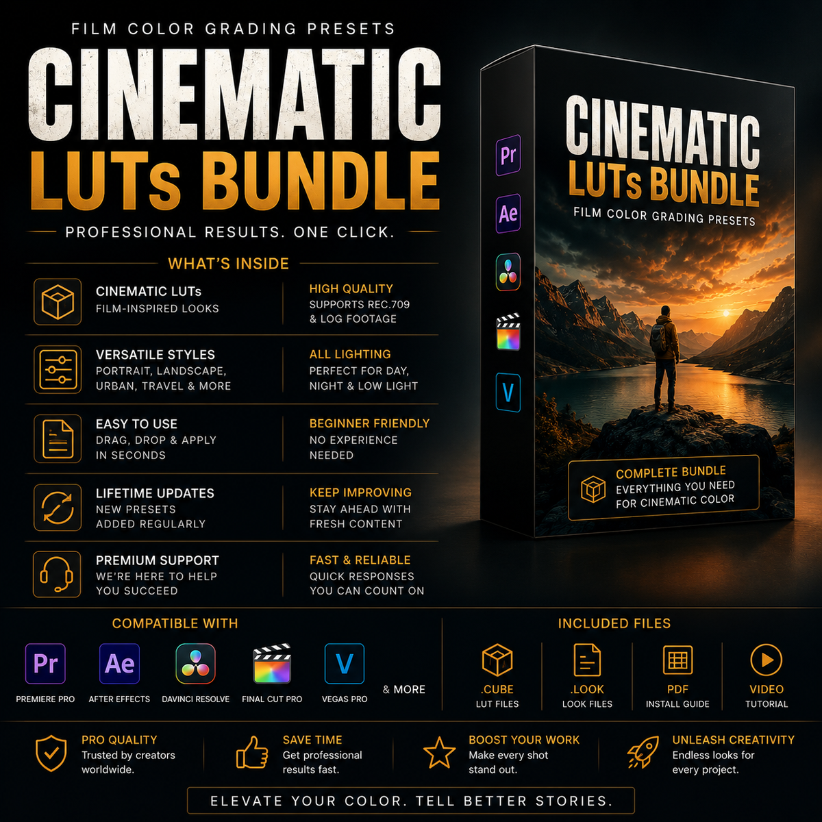 Promotional graphic for a cinematic LUTs bundle film color grading preset pack, showing large white and orange title text, feature callouts, compatibility logos for Adobe Premiere Pro, After Effects, DaVinci Resolve, and Final Cut Pro, and a software box mockup on a dark scenic background.
