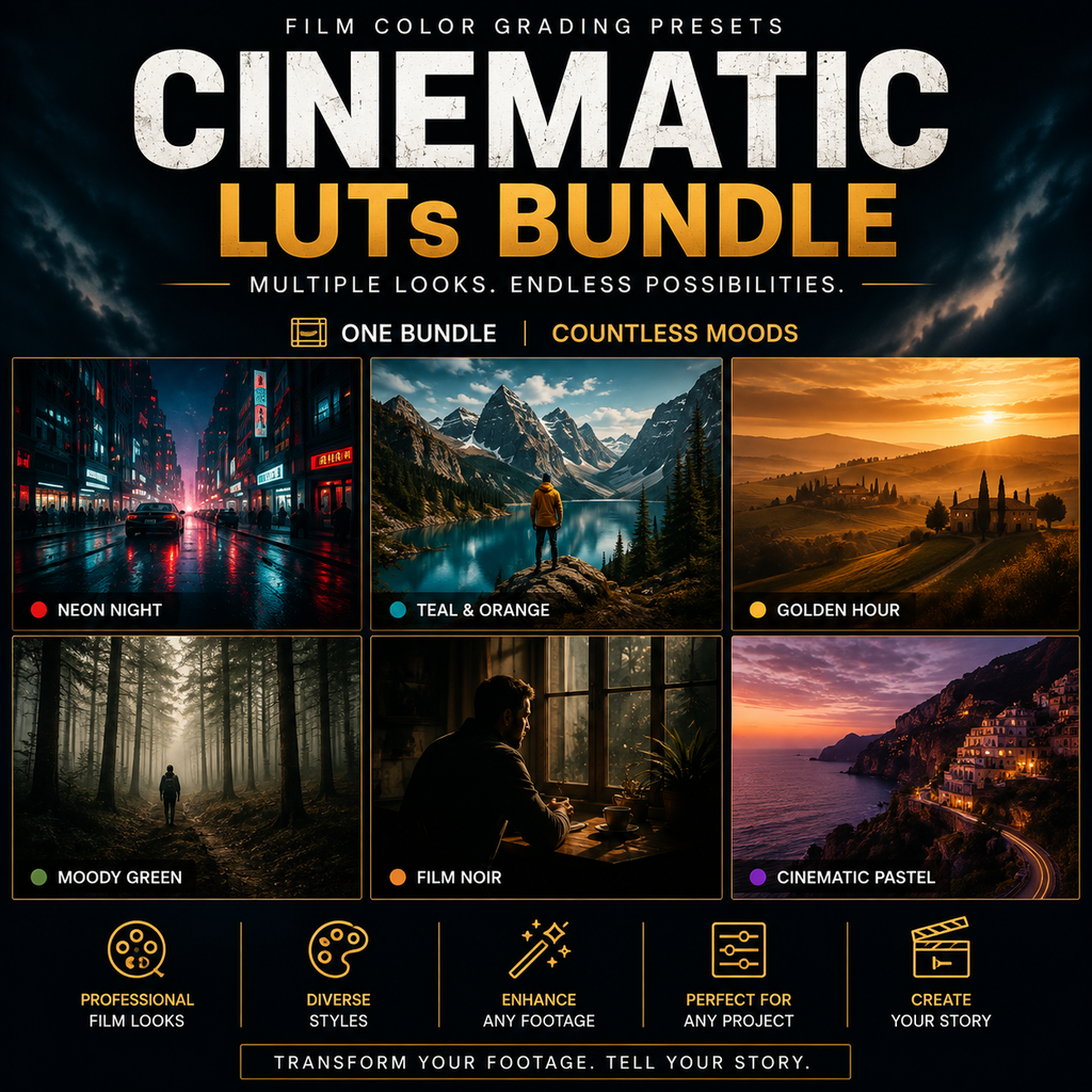 Promotional graphic for a cinematic LUTs bundle with six example mood panels: neon night, teal and orange, golden hour, moody green, film noir, and cinematic pastel. Large text reads 'CINEMATIC LUTs BUNDLE' with smaller copy about multiple looks and endless possibilities.