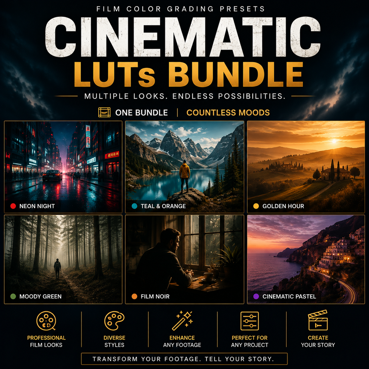 Promotional graphic for a cinematic LUTs bundle with six example mood panels: neon night, teal and orange, golden hour, moody green, film noir, and cinematic pastel. Large text reads 'CINEMATIC LUTs BUNDLE' with smaller copy about multiple looks and endless possibilities.